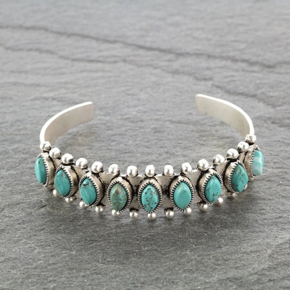 Bohemian Natural Turquoises Stone Open Bangle Bracelet Tibetan Jewelry Retro